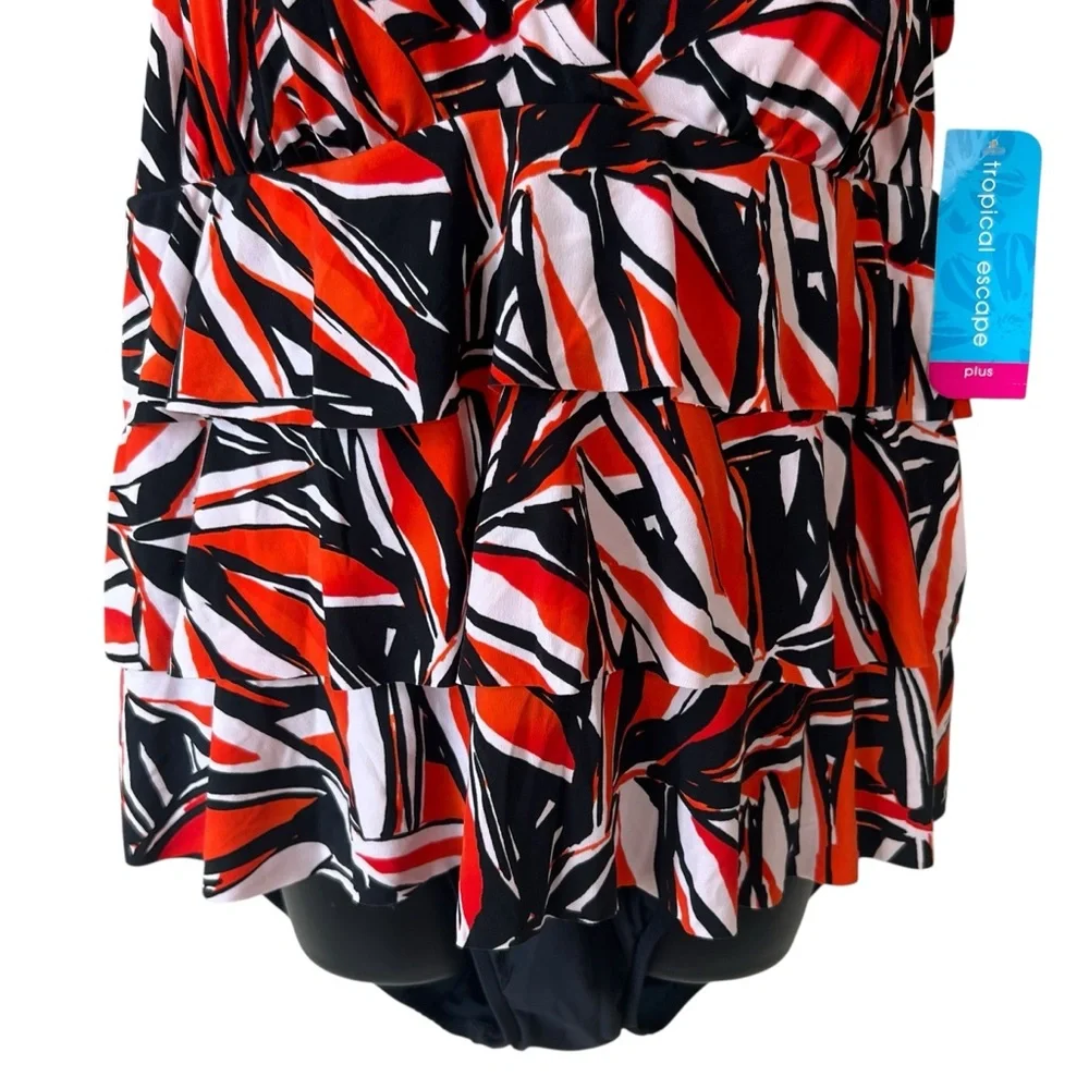 Tropical Escape Womens Plus Triple Tiered Orange Miami Palm Swimsuit